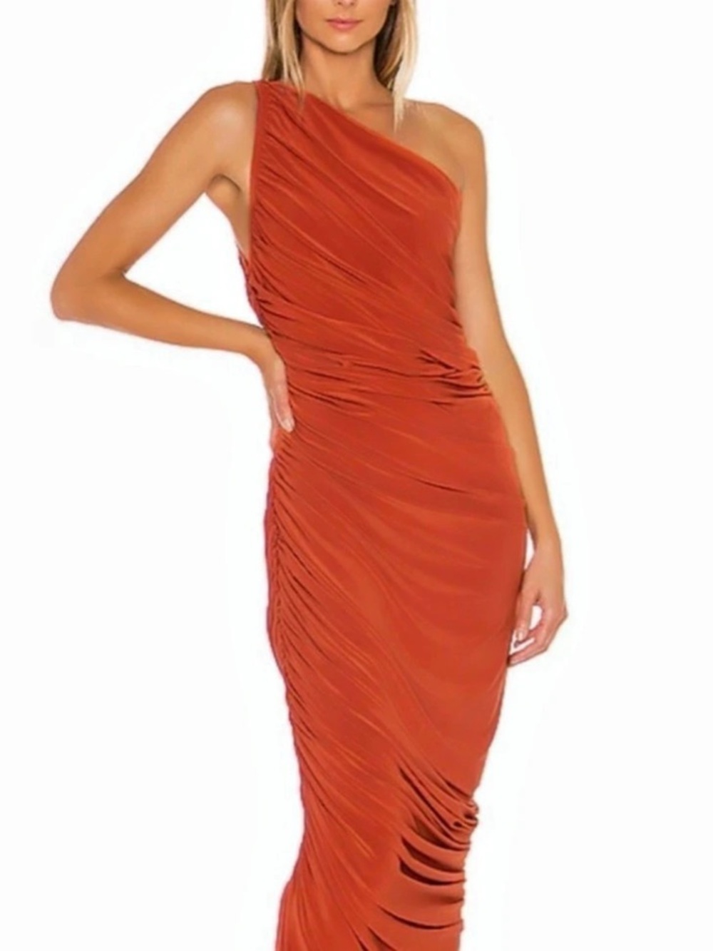 Norma Kamali Diana Gown Ruched One-Shoulder Maxi Dress Rust/Orange - Size Small